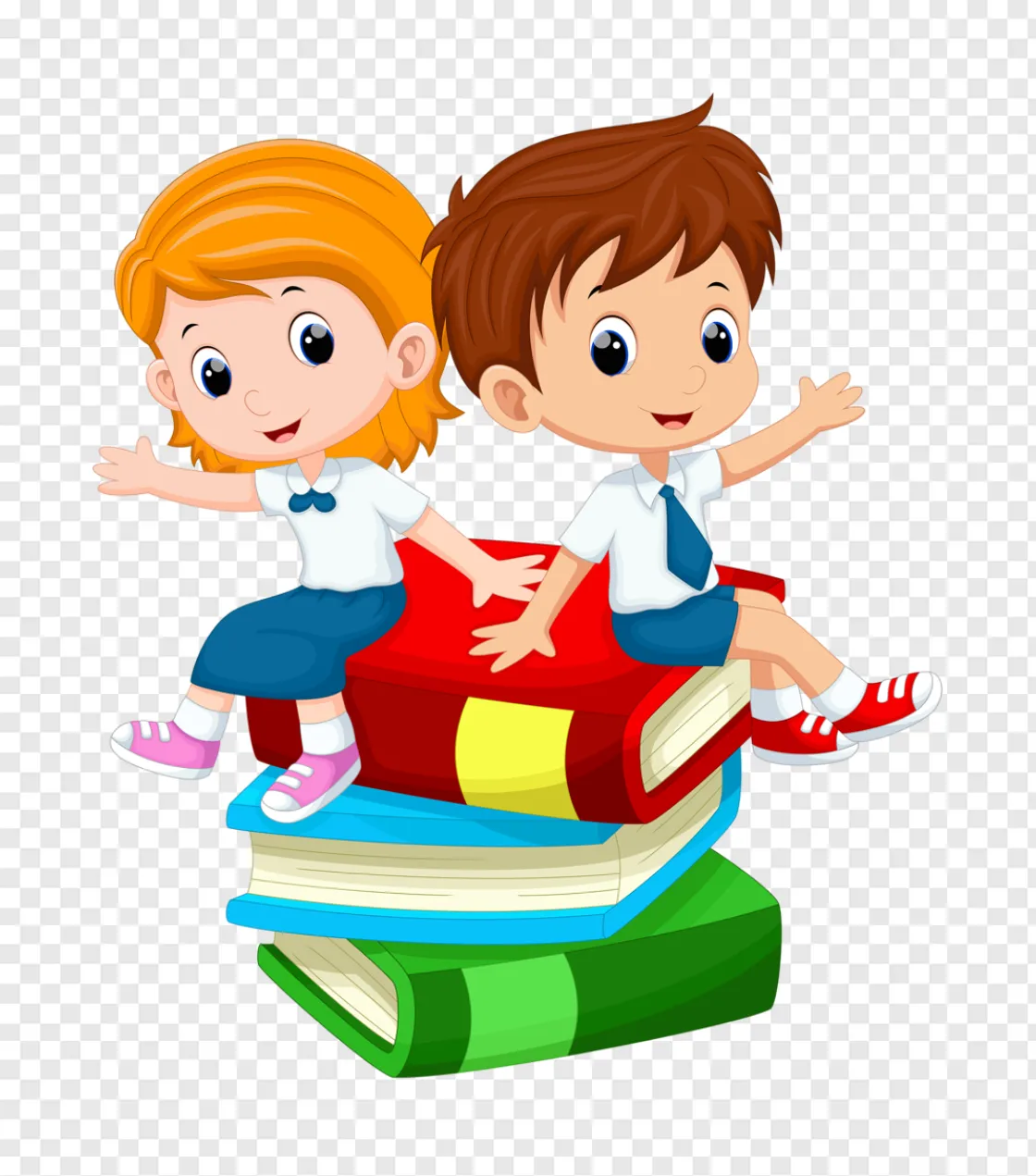 Boy And Girl Students Sitting On Books