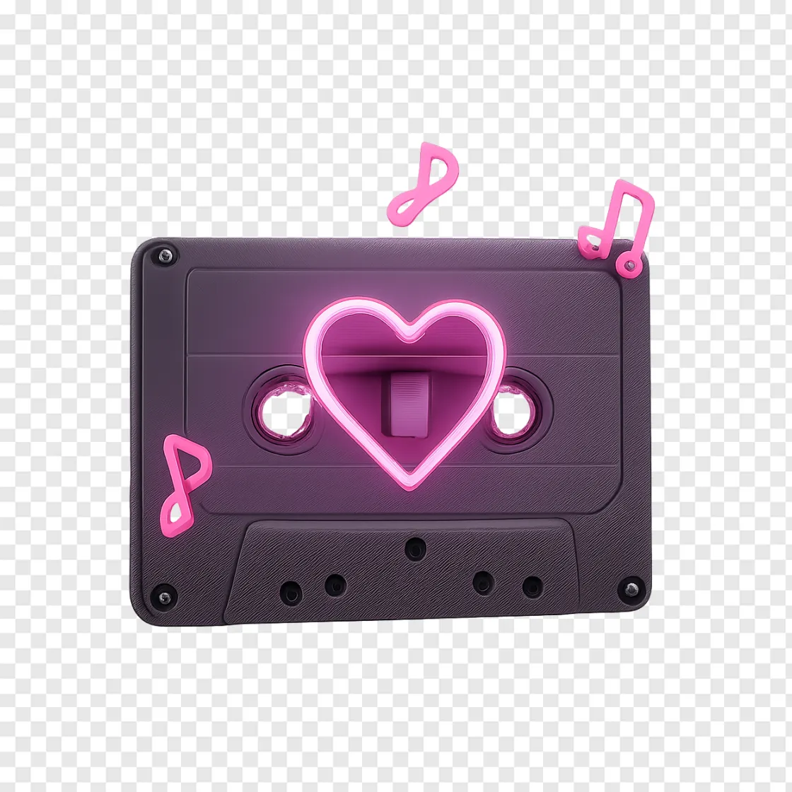 Retro Cassette Tape With Neon Heart PNG