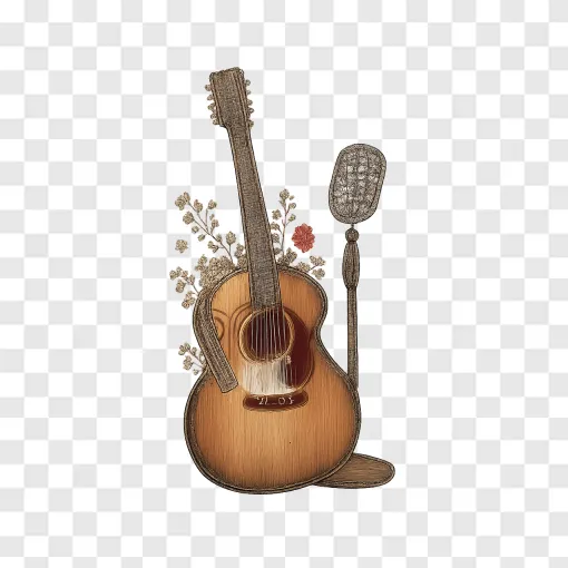 Vintage Acoustic Guitar With Wildflowers PNG