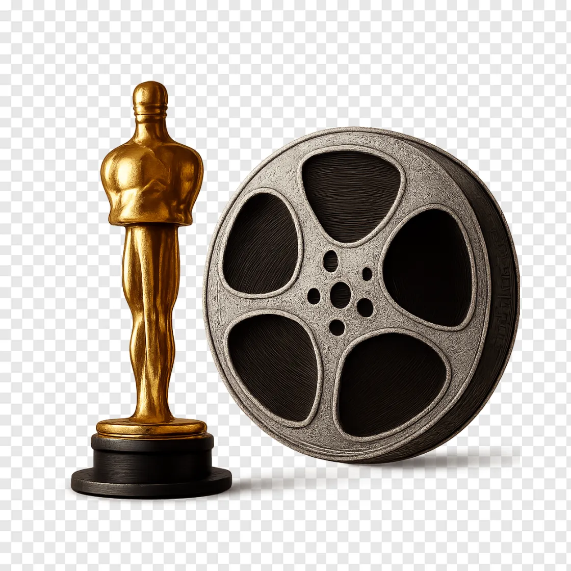 Golden Oscar Trophy And Film Reel PNG For Cinematic Designs