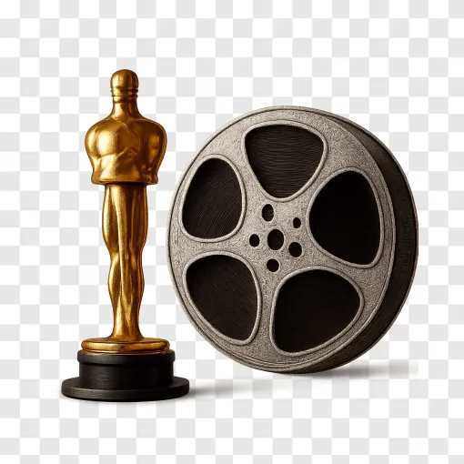 Golden Oscar Trophy And Film Reel PNG For Cinematic Designs