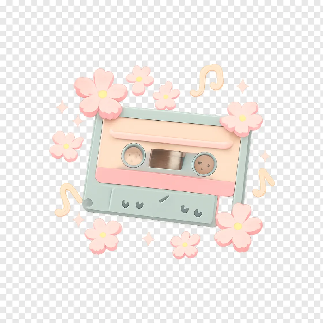 Retro Cassette Tape With Cherry Blossoms PNG