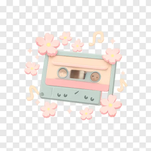 Retro Cassette Tape With Cherry Blossoms PNG