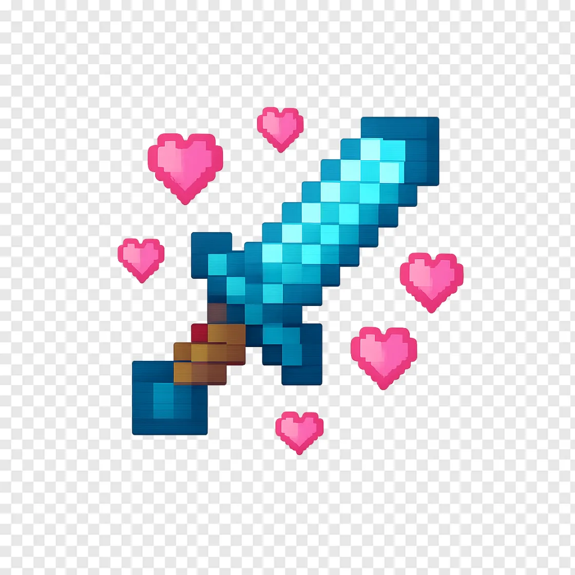 Minecraft Diamond Sword With Hearts PNG Transparent